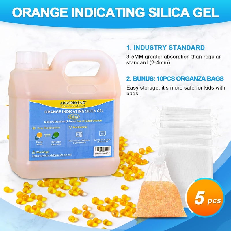 Absorbking Desiccant Beads – 2.4 LBS Silica Beads with Orange Indicating Silica Gel, Premium Silica Gel Beads 3-5mm Industry Standard, Rechargeable Desiccant Used for 3D Filament - Image 4